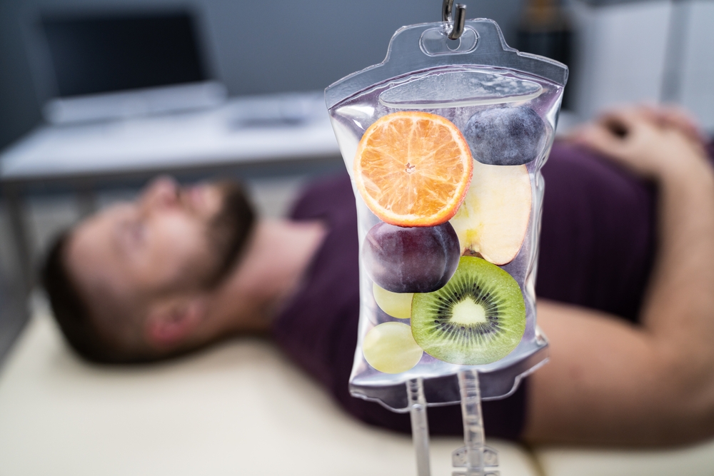 IV bag filled with fruits and vegetables